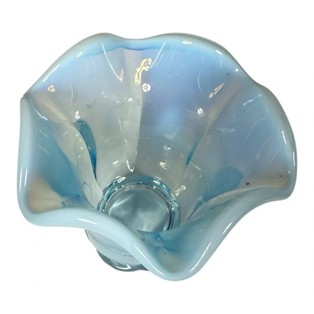 Opalescent‎ Blue Ruffled Glass Vase